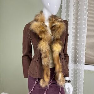 Y2K BCBG Max Azria Brown Cargo Jacket w/ Genuine Fox Fur Collar – Size XS‎